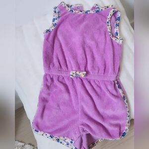 Purple Terry Cloth Romper with Floral Trim